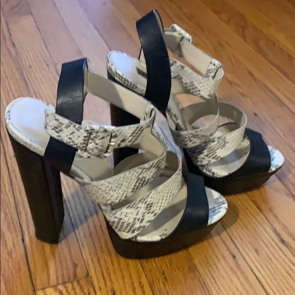 Topshop heels with a black and snakeskin design.